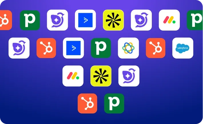 Funnel-shaped arrangement of CRM and sales software logos on a blue-to-purple gradient background, illustrating multiple lead sources converging into a single lead management process.